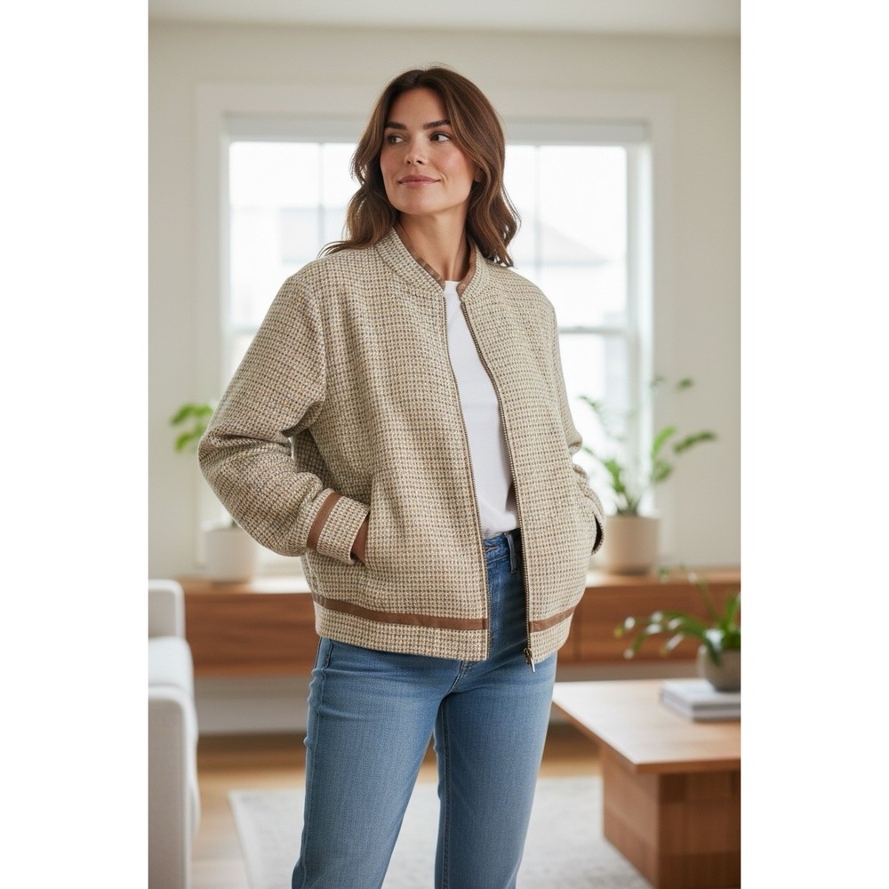 Pendleton Houndstooth Plaid Jacket grey beige blu… - image 2